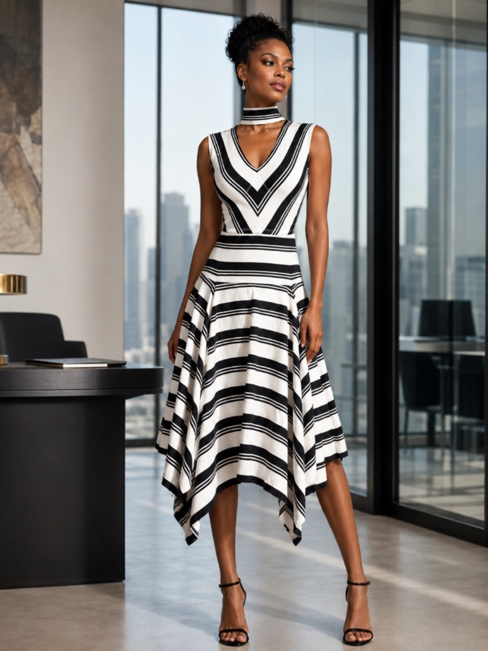 Derek Lam 10 Crosby Sleeveless Mitered Stripe Asymmetric Jersey Midi Dress